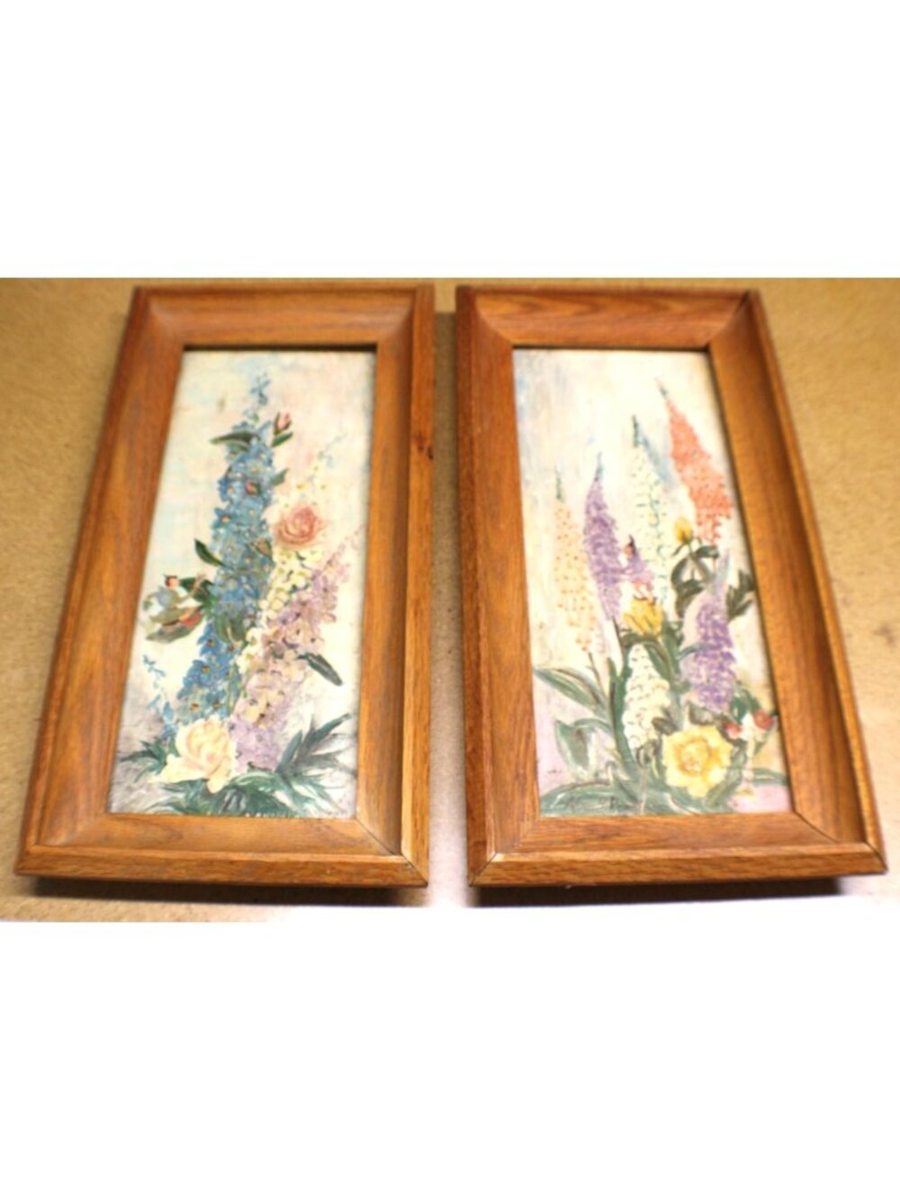 Vtg Mid Century Anne Richter Signed Floral Fairy Oil Paintings Set Orig Frames